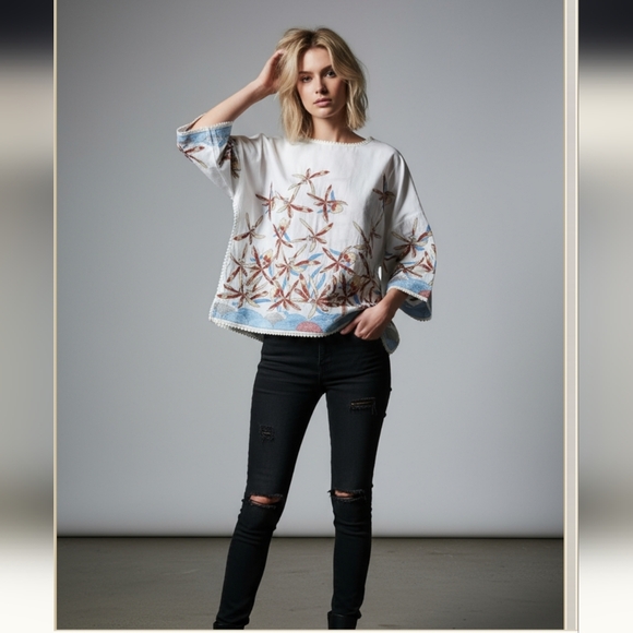 Tops - Lightweight Embroidered Semi-Sheer Boho Blouse with Detailed Trim